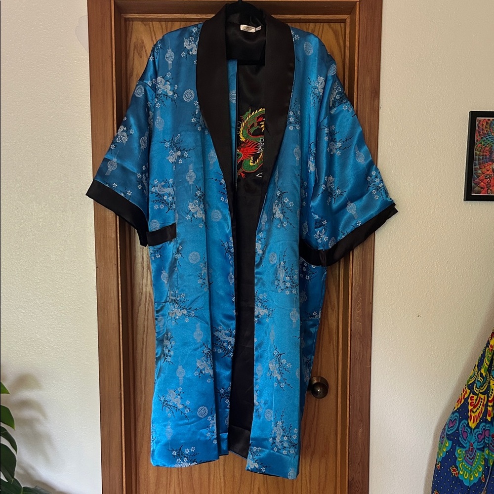 Blue Floral Kimono Robe with Dragon Embroidery